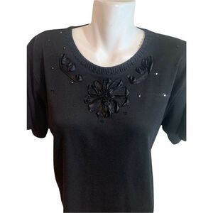 Lisa International Black Top w/Decorative flower at neckline Large